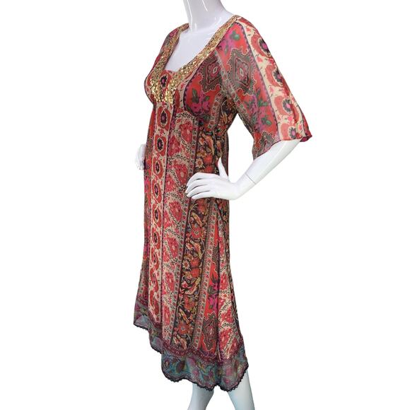 New Look Womens Size UK 12 US 8 Kaftan Midi Dress Half Sleeve Paisley Silk Red - Picture 4 of 15